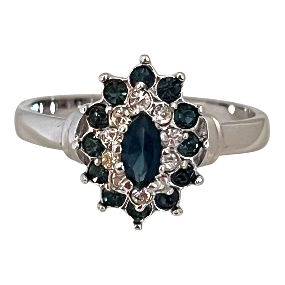 Vintage 1980s Blue Austrian Crystal Cluster Ring Gold Plate Size 8 - 6L